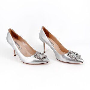 Manolo Blahnik Hangisi Pumps Heels Silver Size 39 US 9 Women Crystal Buckle